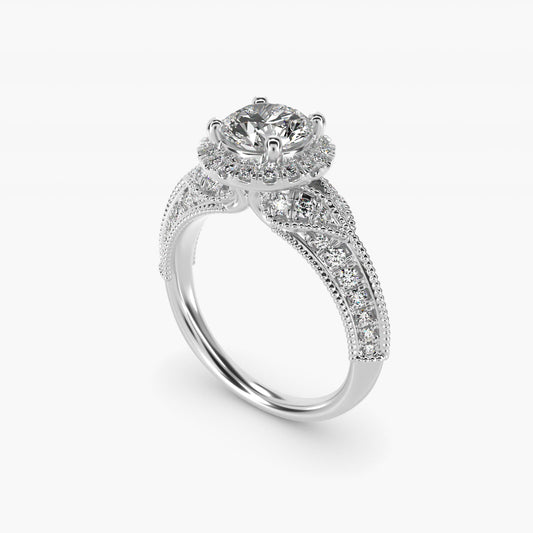 Vintage Inspired Halo Diamond Engagement Ring in 14k White Gold By Zac Zac Posen - Round Center