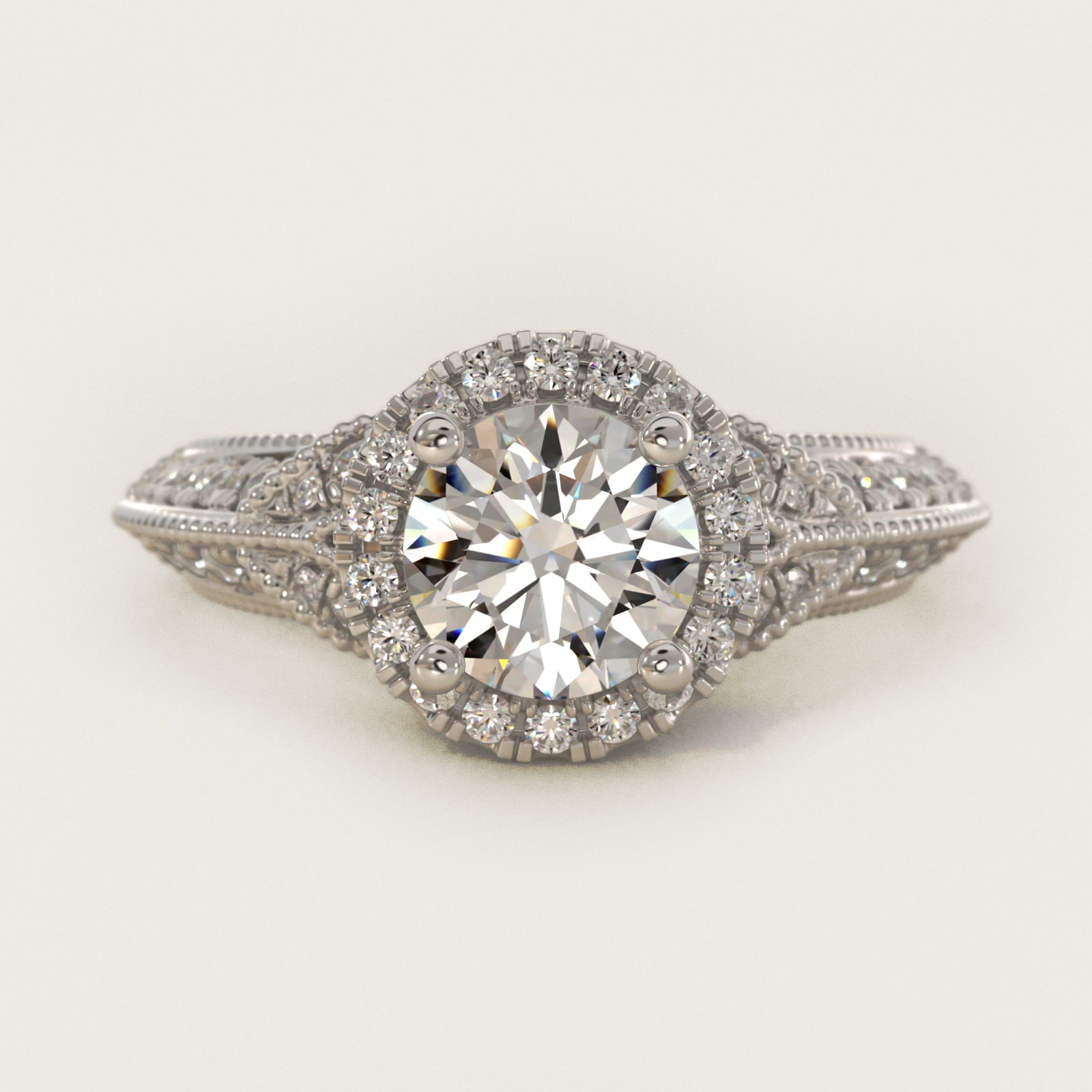 Vintage Inspired Halo Diamond Engagement Ring in 14k White Gold By Zac Zac Posen - Round Center