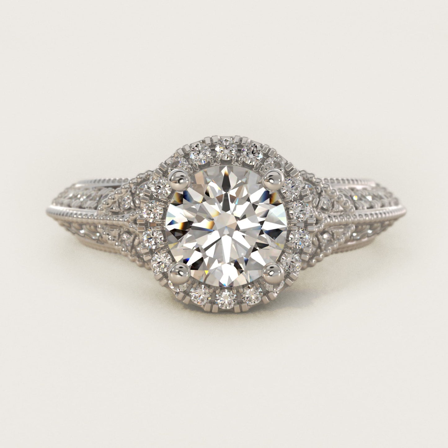 Vintage Inspired Halo Diamond Engagement Ring in 18k White Gold By Zac Zac Posen - Round Center