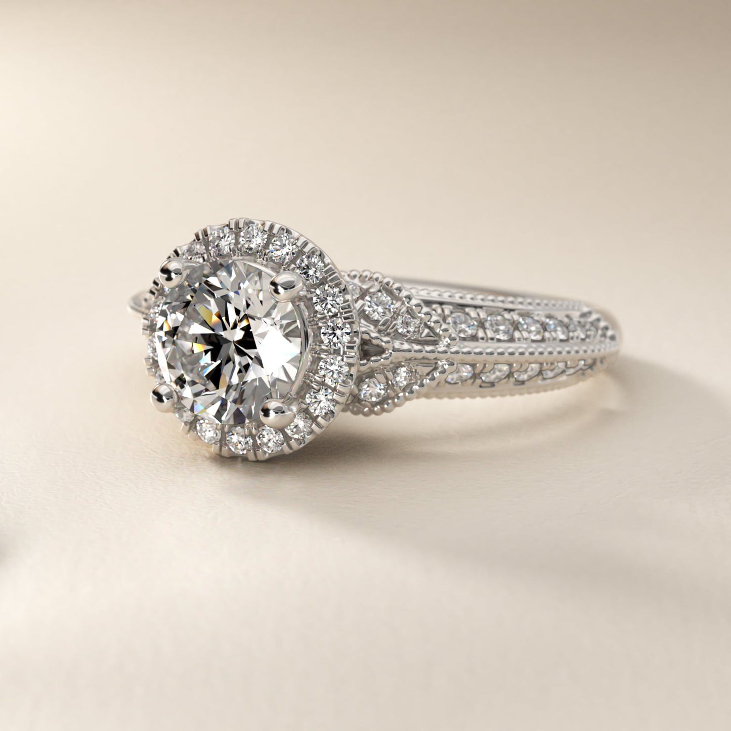 Vintage Inspired Halo Diamond Engagement Ring in 14k White Gold By Zac Zac Posen - Round Center