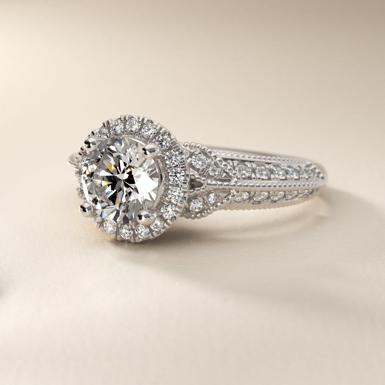Vintage Inspired Halo Diamond Engagement Ring in 14k White Gold By Zac Zac Posen - Round Center