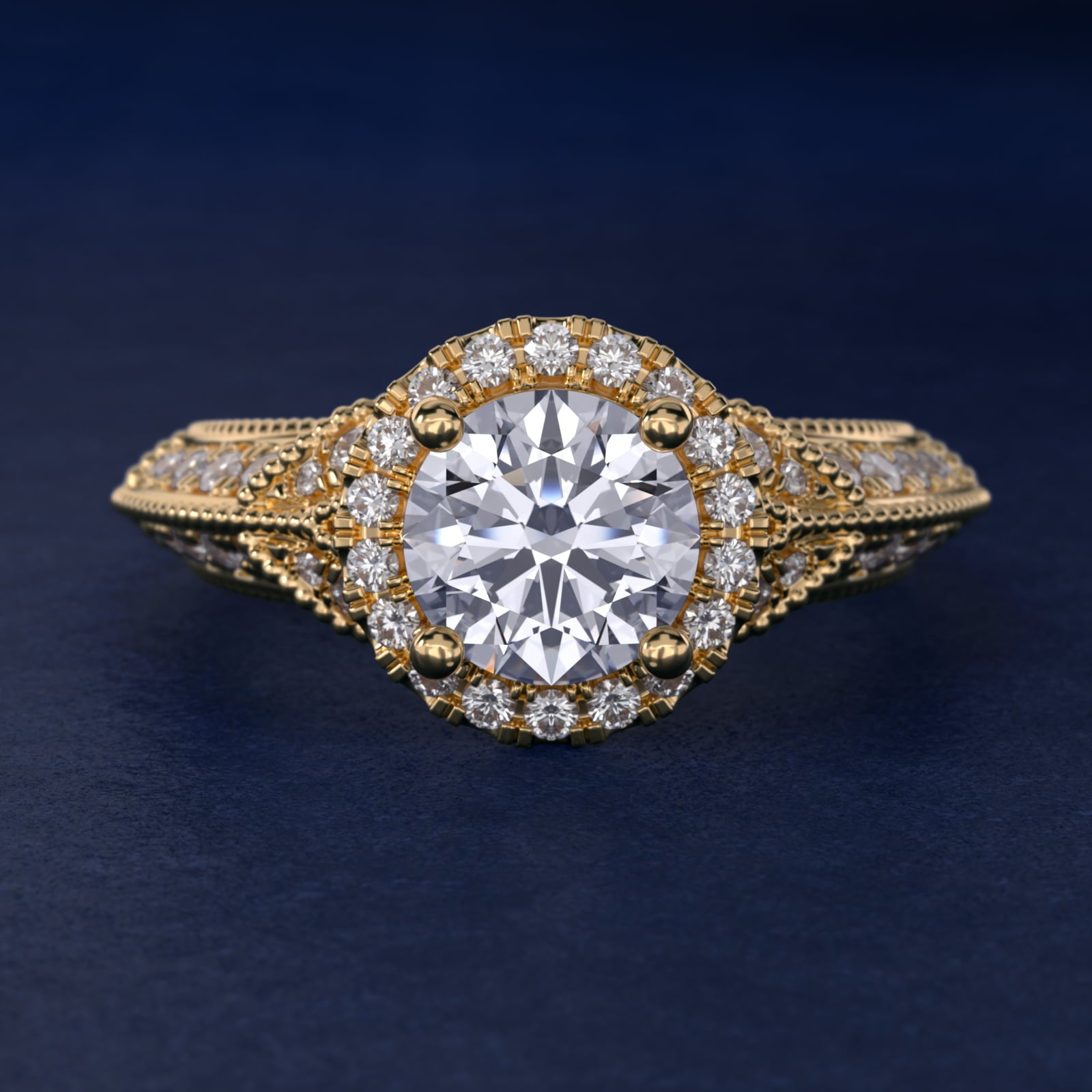 Vintage Inspired Halo Diamond Engagement Ring in 14K Yellow Gold By Zac Zac Posen - Round Center