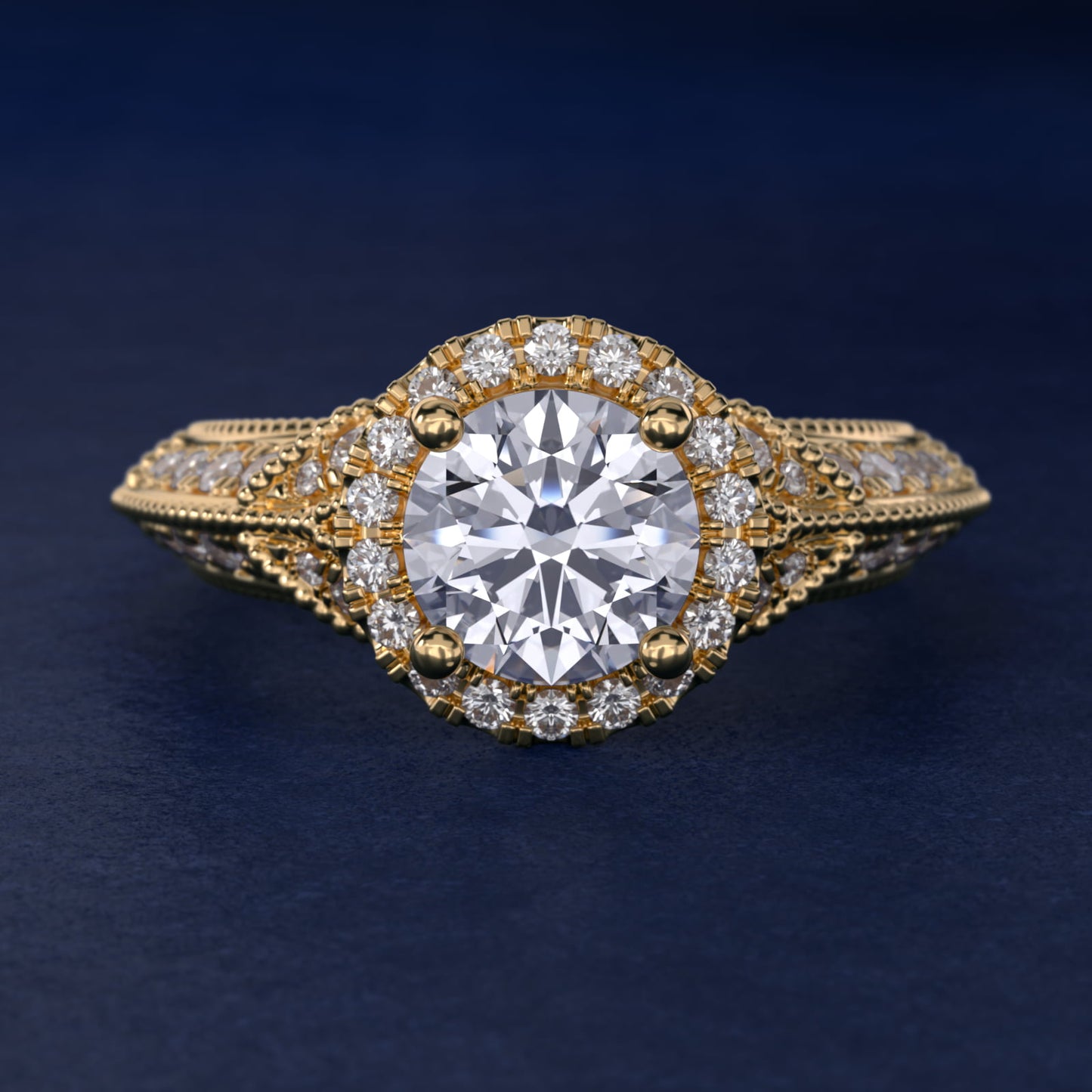 Vintage Inspired Halo Diamond Engagement Ring in 18k Yellow Gold By Zac Zac Posen - Round Center