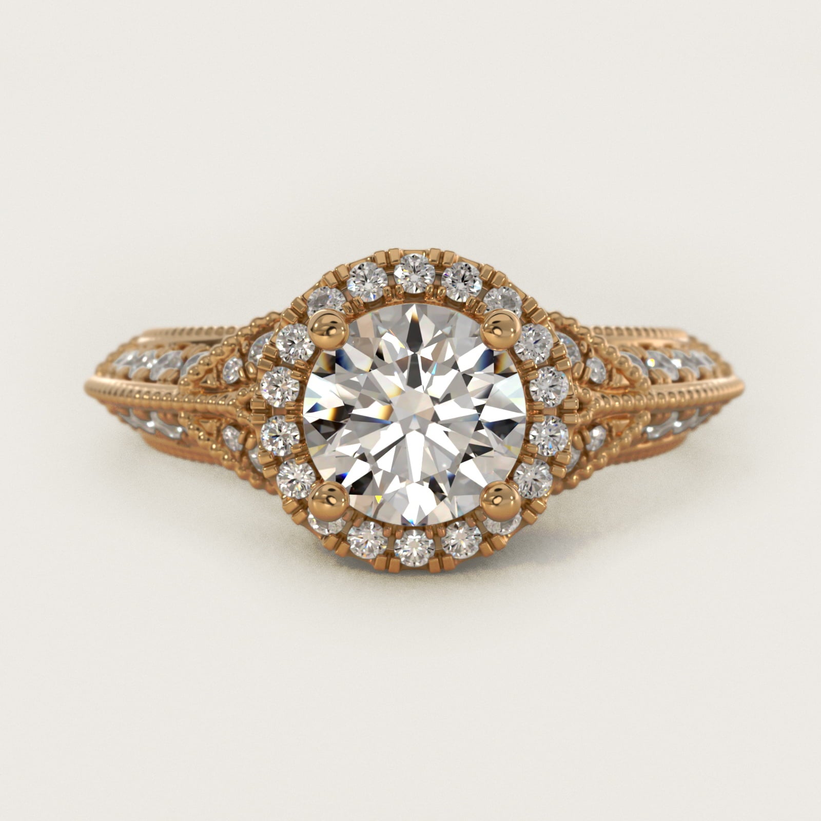 Vintage Inspired Halo Diamond Engagement Ring in 14K Yellow Gold By Zac Zac Posen - Round Center