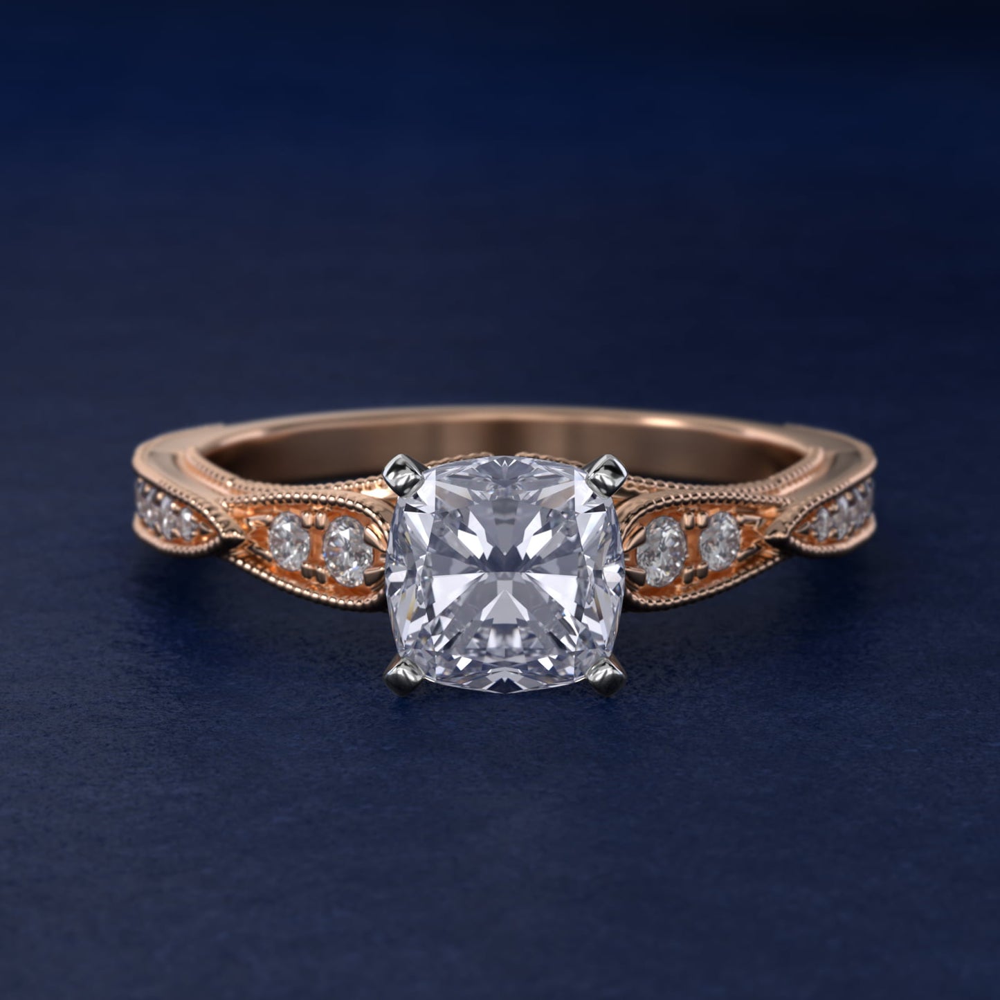 Vintage Milgrain Scalloped Diamond Engagement Ring in 18k Rose Gold (1/3 ct. tw.) By Zac Zac Posen - Cushion Center