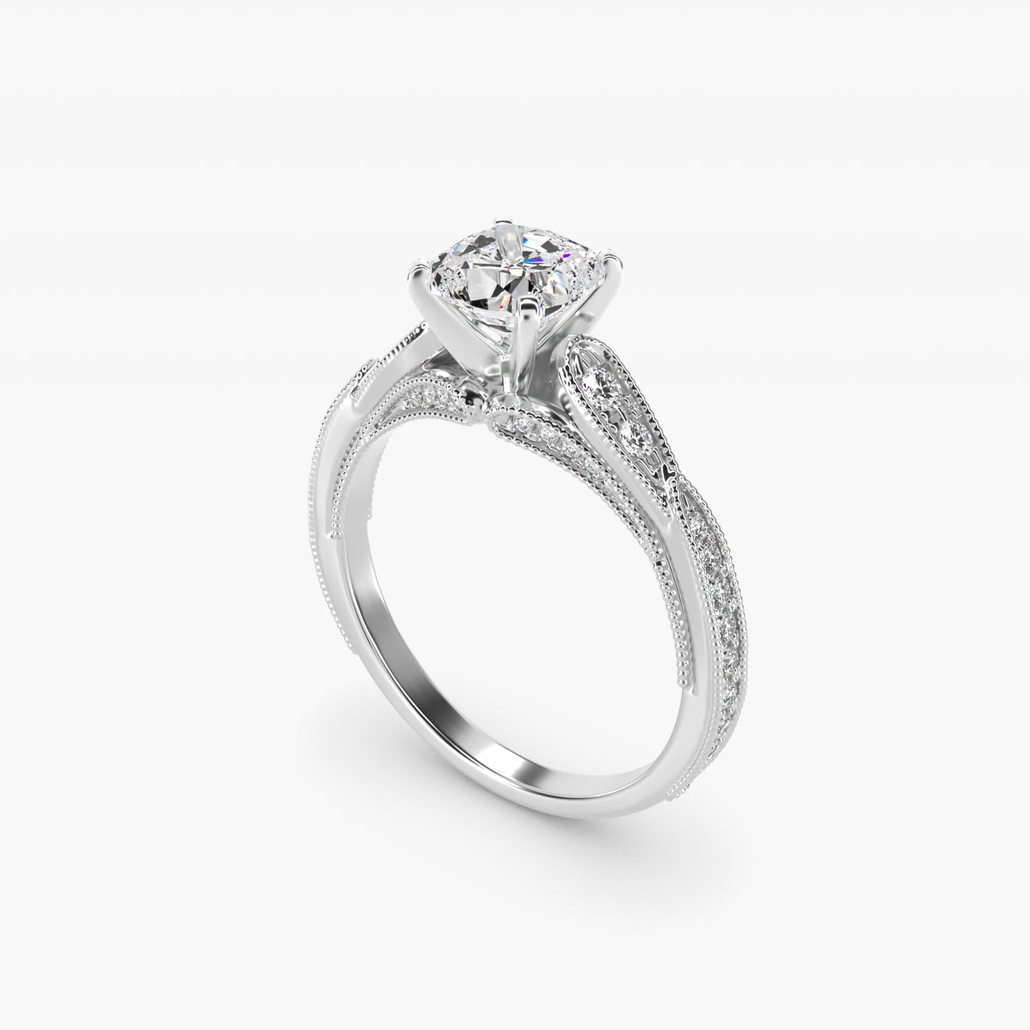 Vintage Milgrain Scalloped Diamond Engagement Ring in 14k White Gold (1/3 ct. tw.) By Zac Zac Posen - Cushion Center