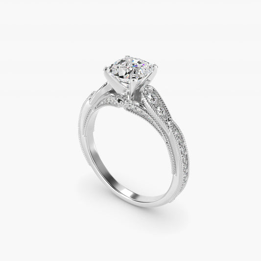 Vintage Milgrain Scalloped Diamond Engagement Ring in 14k White Gold (1/3 ct. tw.) By Zac Zac Posen - Cushion Center