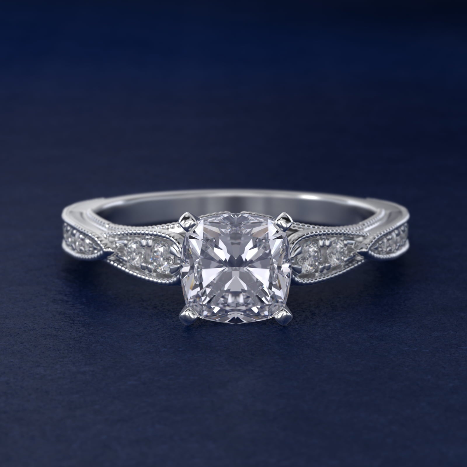 Vintage Milgrain Scalloped Diamond Engagement Ring in 14k White Gold (1/3 ct. tw.) By Zac Zac Posen - Cushion Center