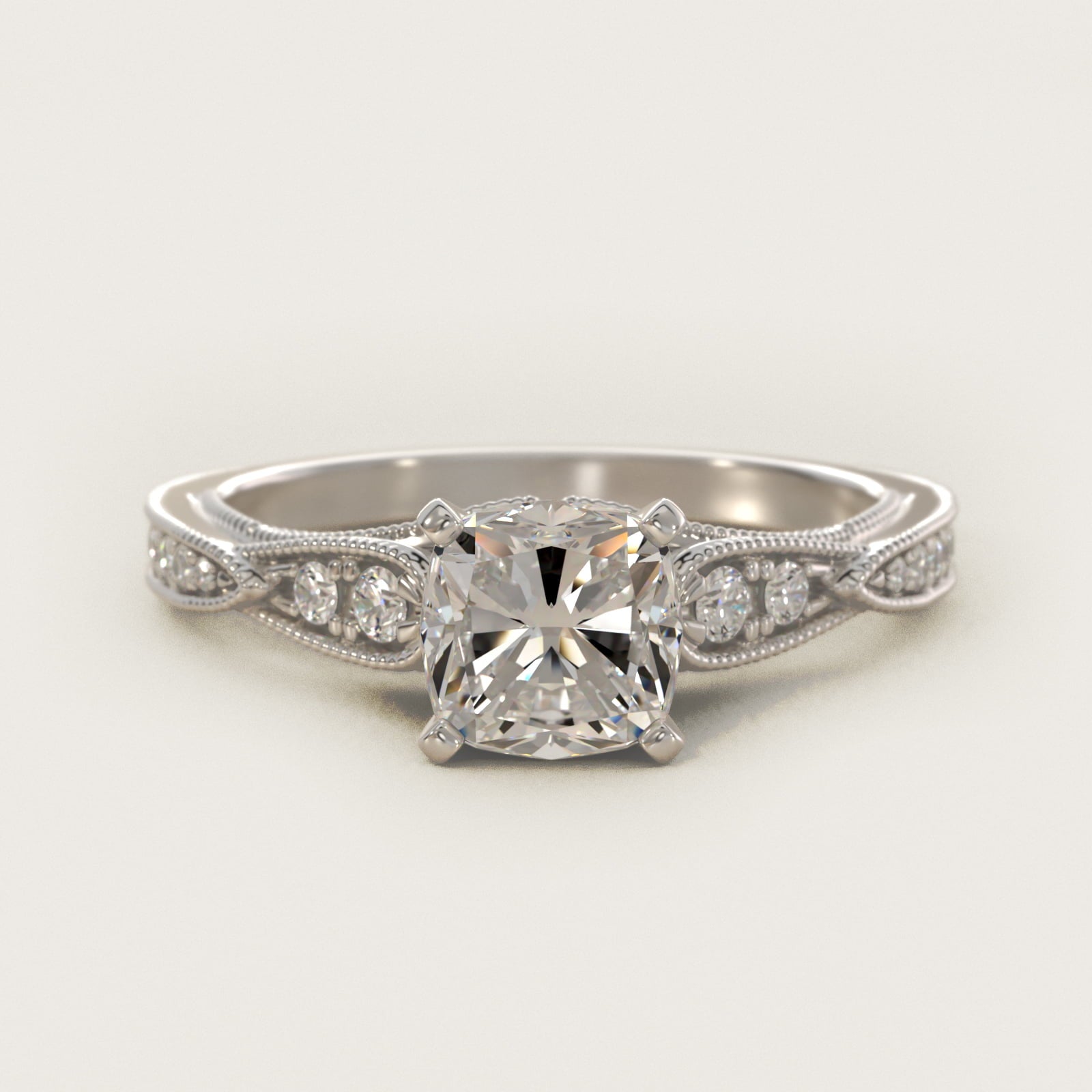 Vintage Milgrain Scalloped Diamond Engagement Ring in 18k White Gold (1/3 ct. tw.) By Zac Zac Posen - Cushion Center