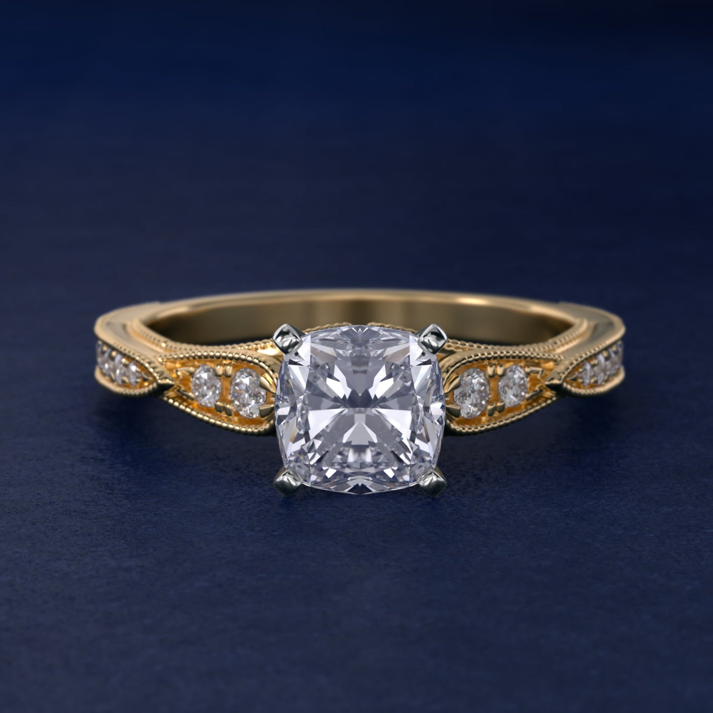 Vintage Milgrain Scalloped Diamond Engagement Ring in 18k Yellow Gold (1/3 ct. tw.) By Zac Zac Posen - Cushion Center