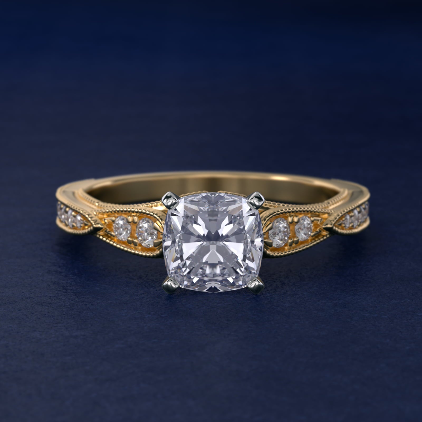 Vintage Milgrain Scalloped Diamond Engagement Ring in 18k Yellow Gold (1/3 ct. tw.) By Zac Zac Posen - Cushion Center