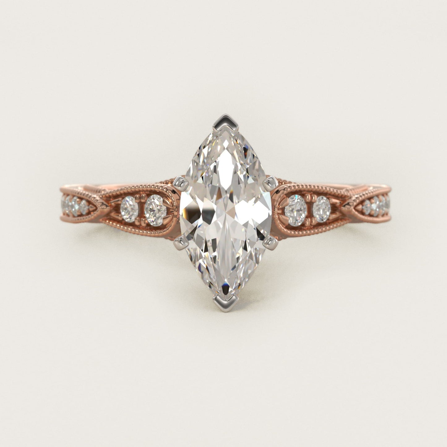 Vintage Milgrain Scalloped Diamond Engagement Ring in 14k Rose Gold (1/3 ct. tw.) By Zac Zac Posen - Marquise Center
