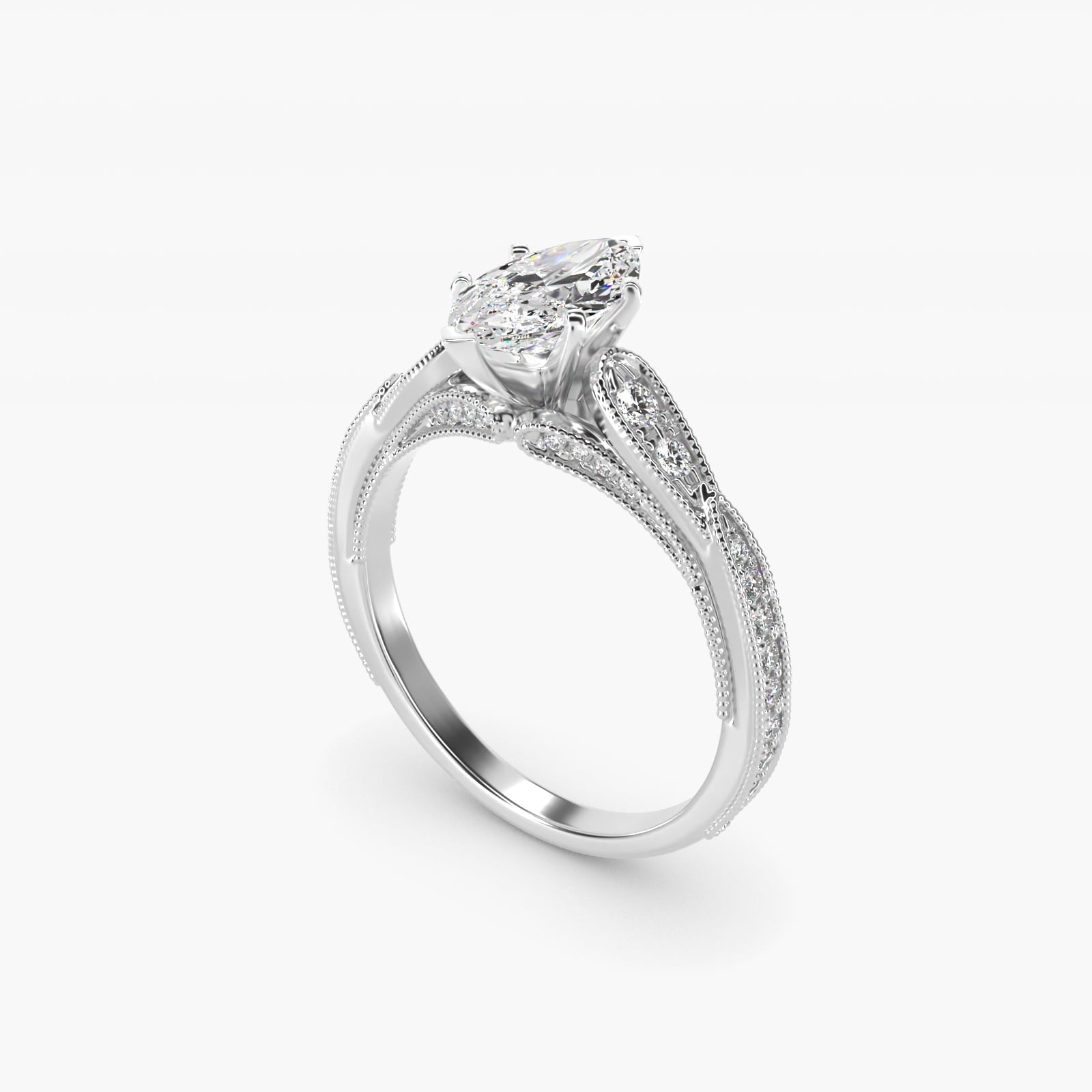Vintage Milgrain Scalloped Diamond Engagement Ring in 14k White Gold (1/3 ct. tw.) By Zac Zac Posen - Marquise Center