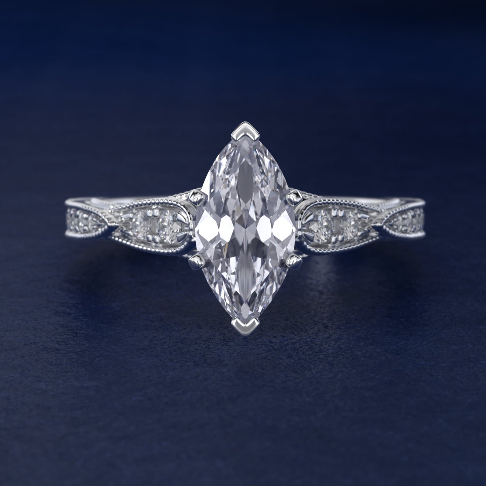 Vintage Milgrain Scalloped Diamond Engagement Ring in 14k White Gold (1/3 ct. tw.) By Zac Zac Posen - Marquise Center