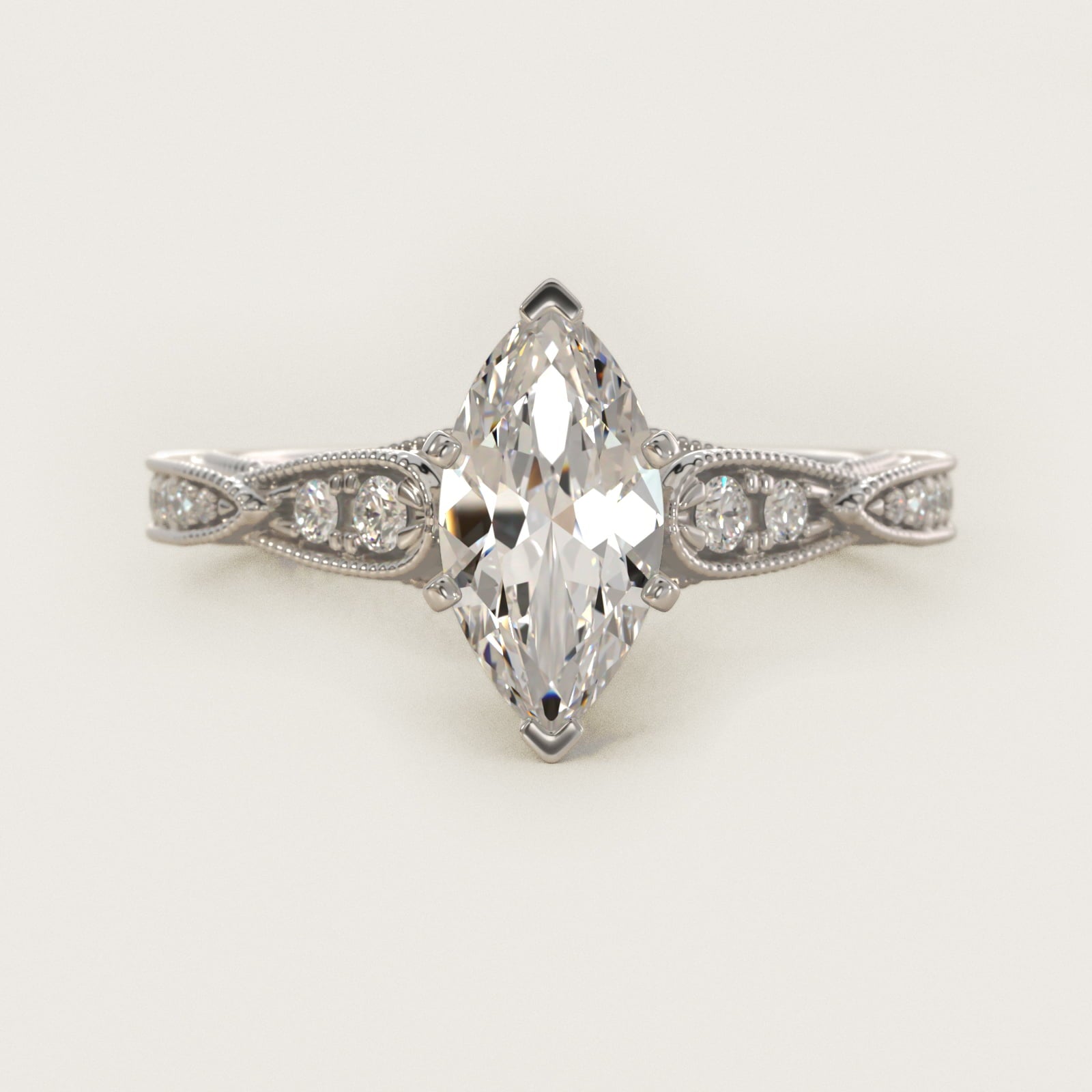 Vintage Milgrain Scalloped Diamond Engagement Ring in 14k White Gold (1/3 ct. tw.) By Zac Zac Posen - Marquise Center