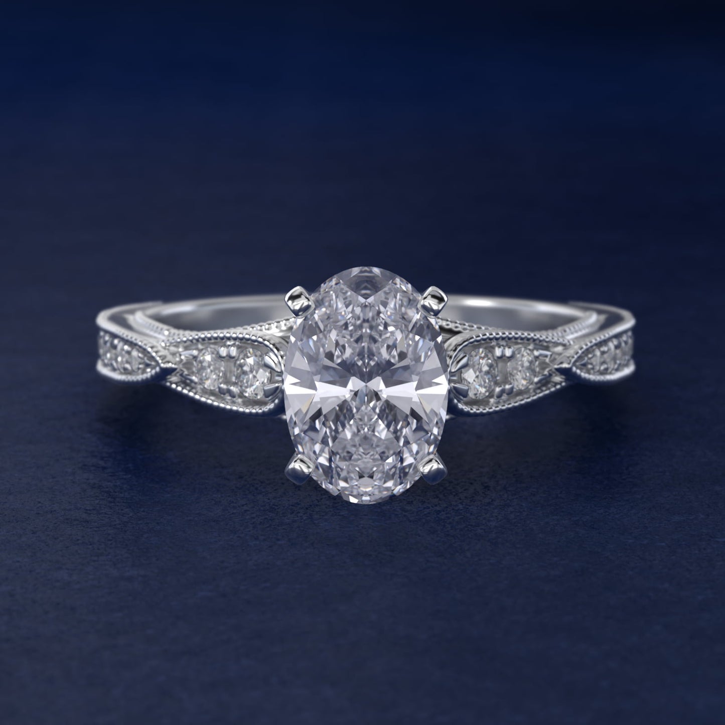 Vintage Milgrain Scalloped Diamond Engagement Ring in 14k White Gold (1/3 ct. tw.) By Zac Zac Posen - Oval Center