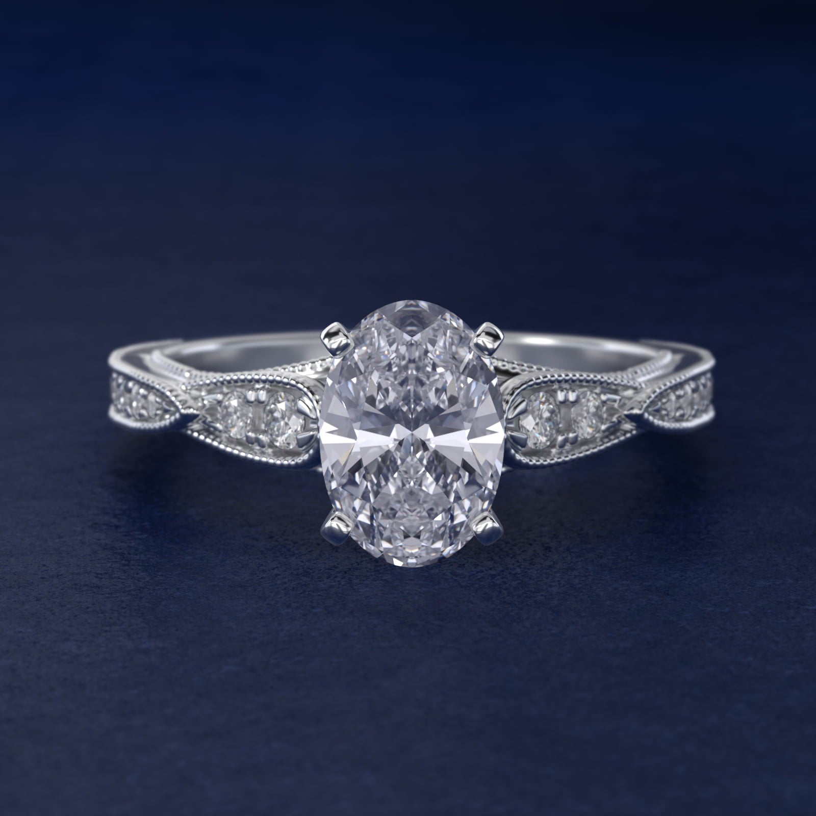Vintage Milgrain Scalloped Diamond Engagement Ring in 14k White Gold (1/3 ct. tw.) By Zac Zac Posen - Oval Center