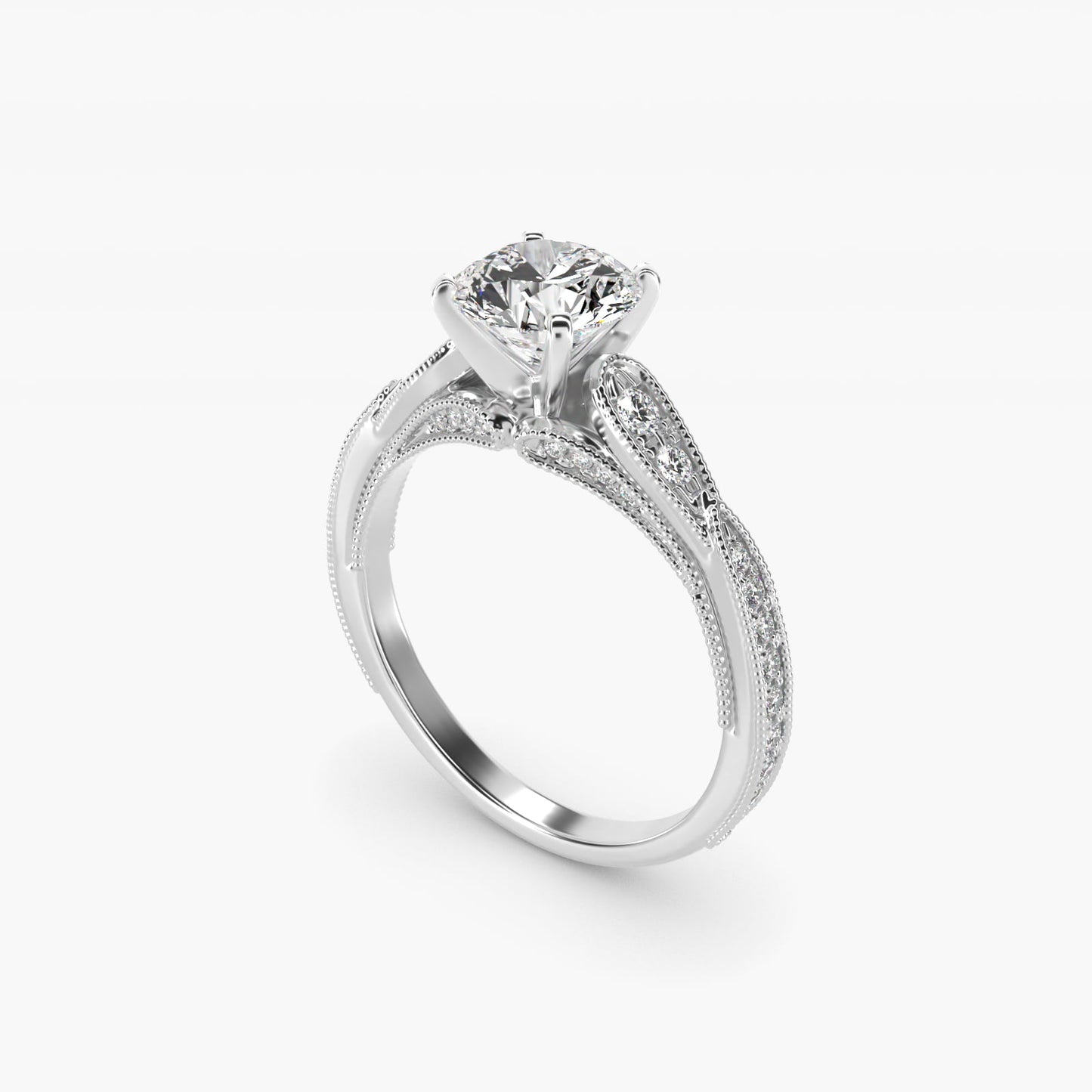 Vintage Milgrain Scalloped Diamond Engagement Ring in 18k White Gold (1/3 ct. tw.) By Zac Zac Posen - Round Center