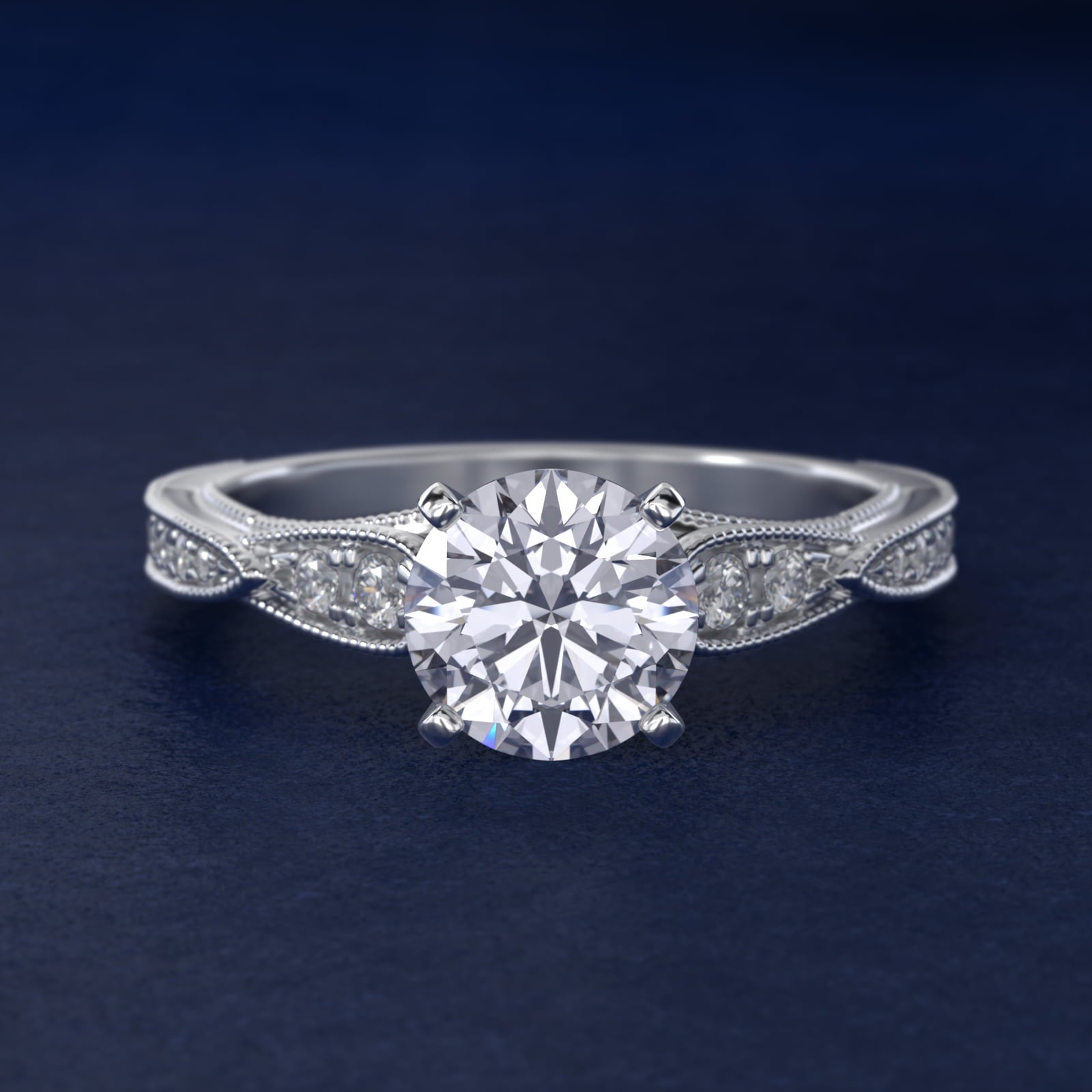 Vintage Milgrain Scalloped Diamond Engagement Ring in 18k White Gold (1/3 ct. tw.) By Zac Zac Posen - Round Center