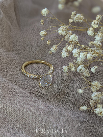 1.0-3.0 CT Cushion Lab Grown Diamond Pave Engagement Ring