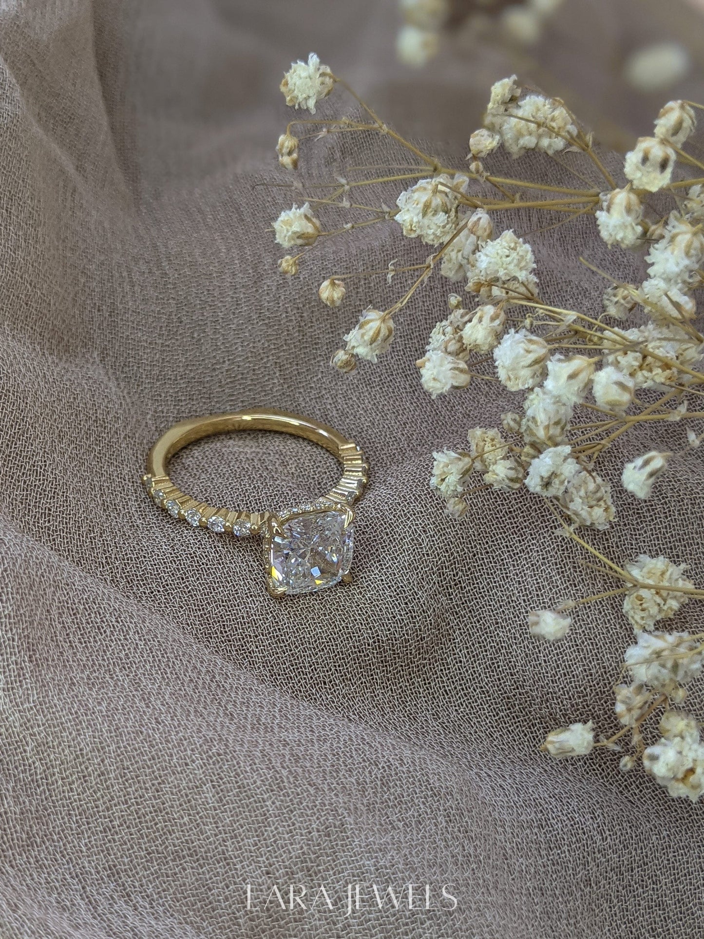 1.0-3.0 CT Cushion Lab Grown Diamond Pave Engagement Ring