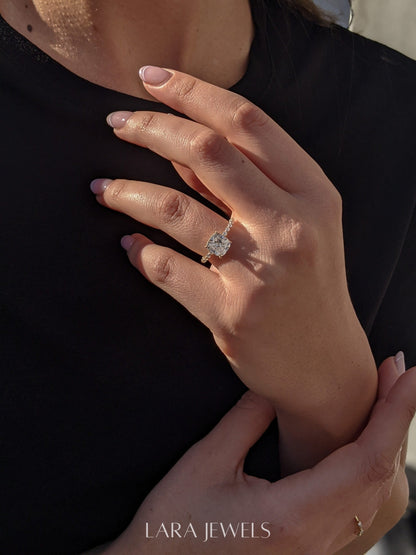 1.0-3.0 CT Cushion Lab Grown Diamond Pave Engagement Ring