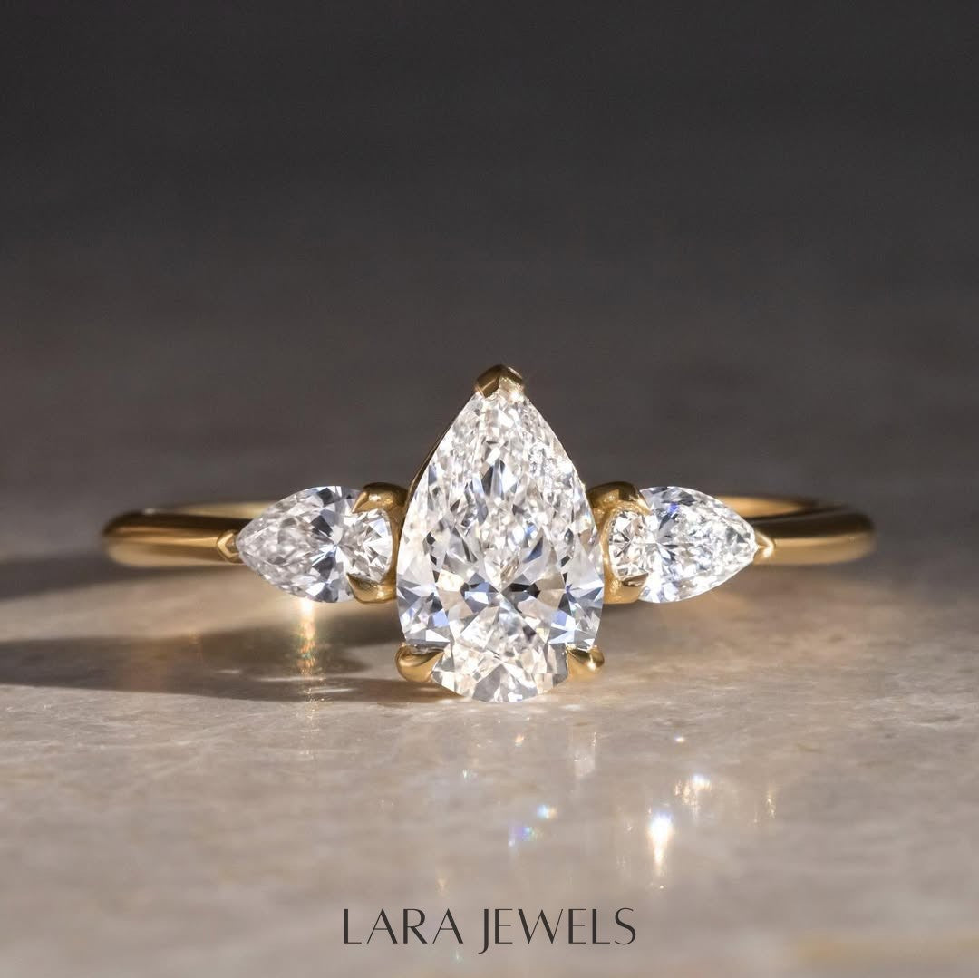 1.2 - 3.2 CT Pear  Lab Grown Diamond Three Stone Style Engagement Ring