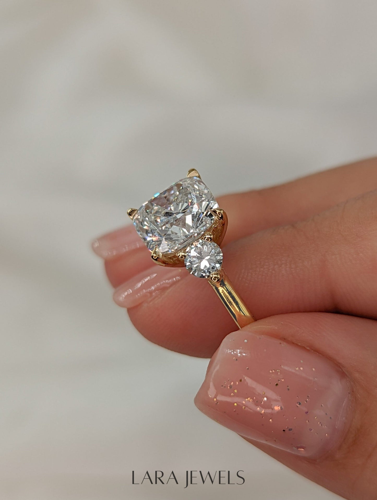1.50-3.55 CT Cushion Lab Grown Diamond Three Stones Engagement Ring