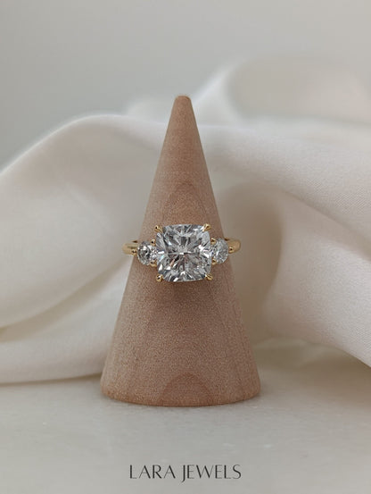 1.50-3.55 CT Cushion Lab Grown Diamond Three Stones Engagement Ring