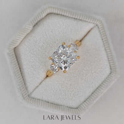 1.50-3.55 CT Cushion Lab Grown Diamond Three Stones Engagement Ring