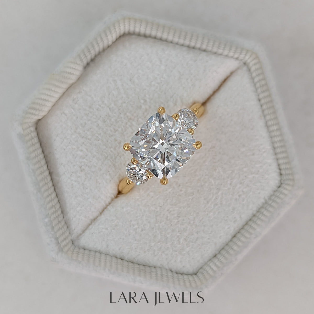 1.50-3.55 CT Cushion Lab Grown Diamond Three Stones Engagement Ring
