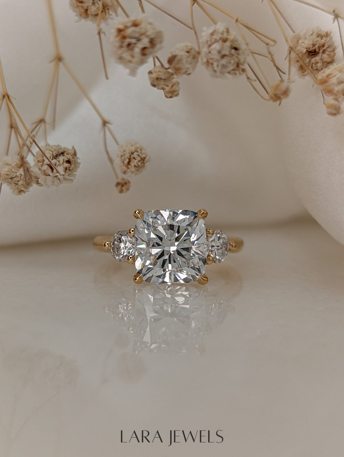 1.50-3.55 CT Cushion Lab Grown Diamond Three Stones Engagement Ring