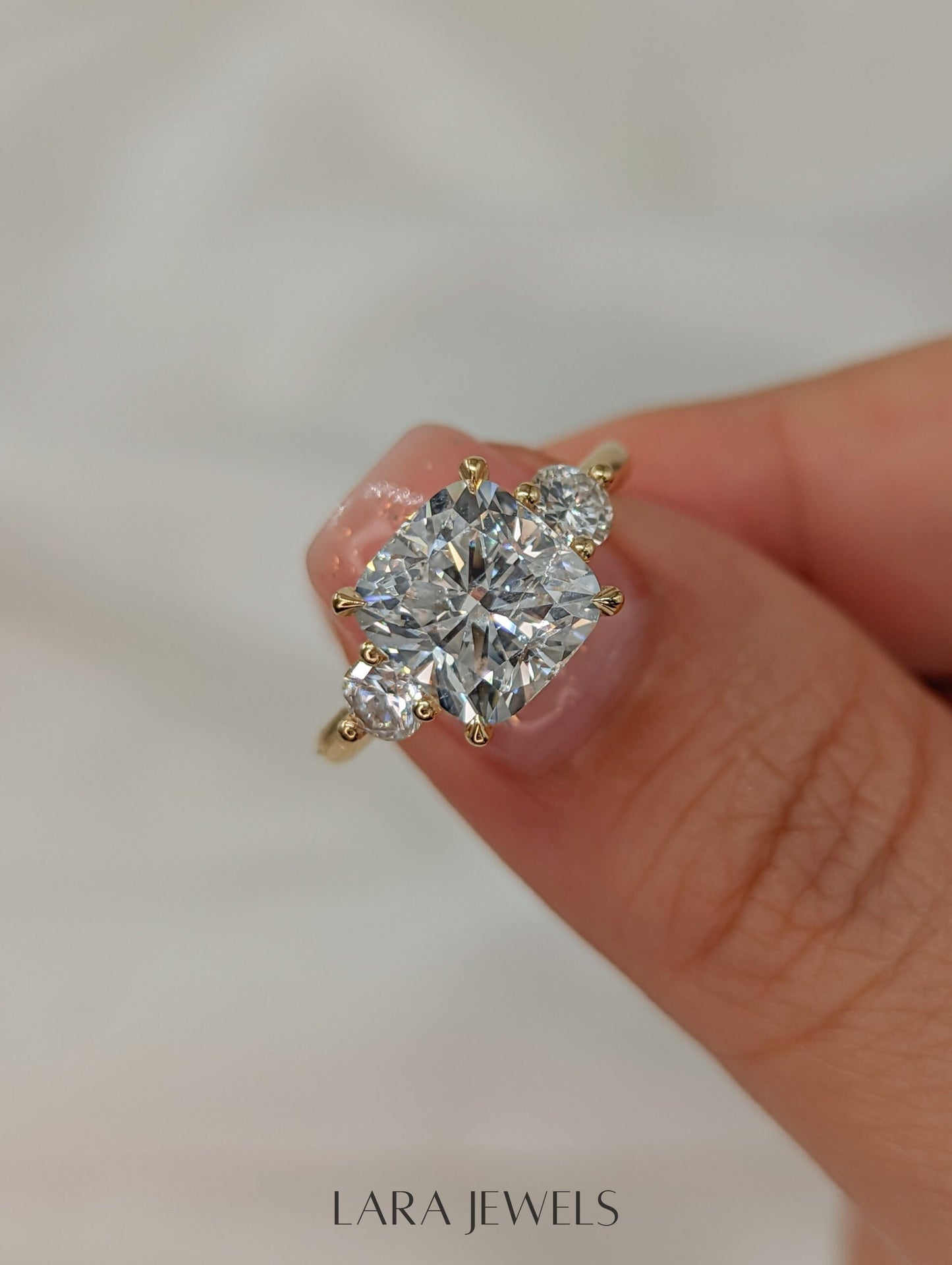 1.50-3.55 CT Cushion Lab Grown Diamond Three Stones Engagement Ring
