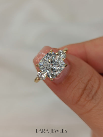 1.50-3.55 CT Cushion Lab Grown Diamond Three Stones Engagement Ring