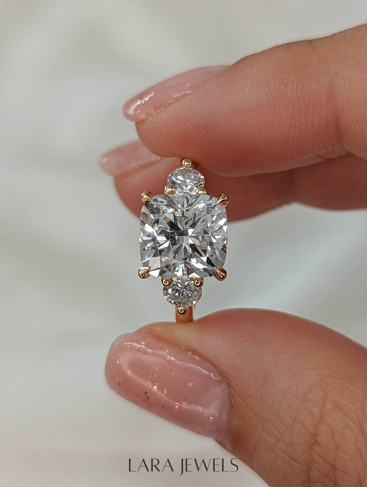 1.50-3.55 CT Cushion Lab Grown Diamond Three Stones Engagement Ring