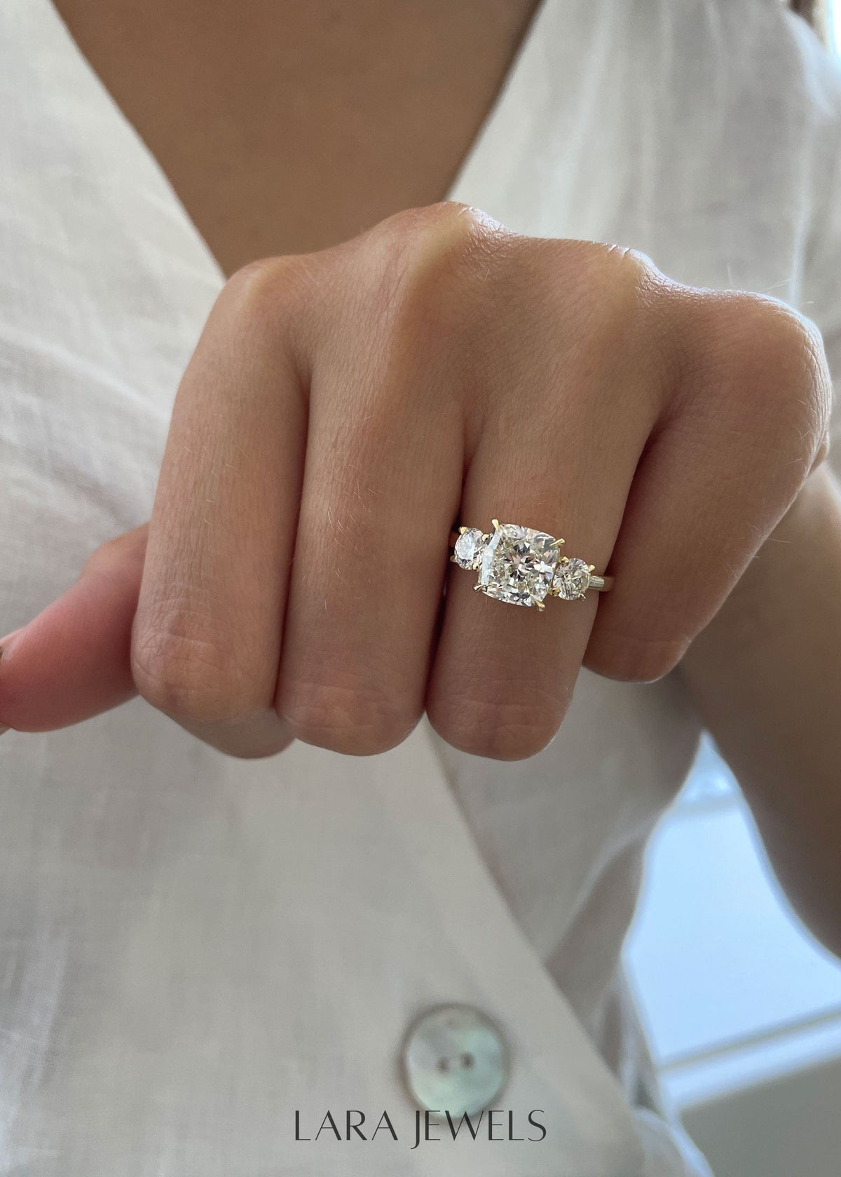 1.50-3.50 CT Cushion Lab Grown Diamond Three Stones Engagement Ring