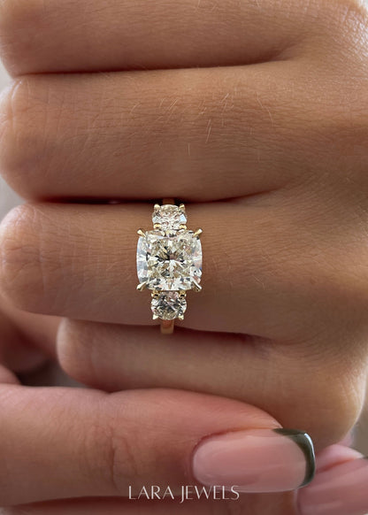 1.50-3.50 CT Cushion Lab Grown Diamond Three Stones Engagement Ring