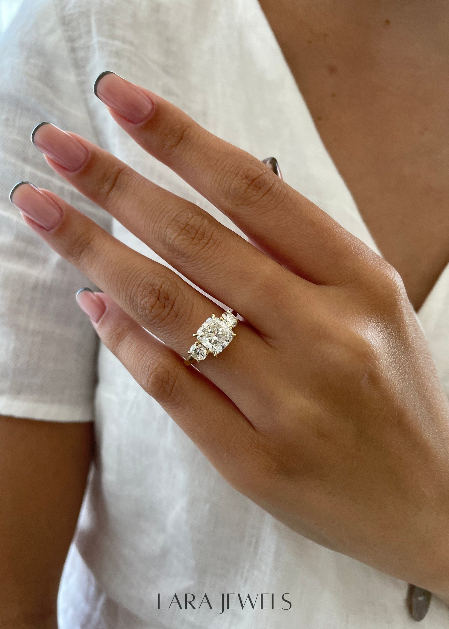 1.50-3.50 CT Cushion Lab Grown Diamond Three Stones Engagement Ring