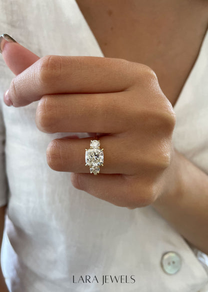 1.50-3.50 CT Cushion Lab Grown Diamond Three Stones Engagement Ring