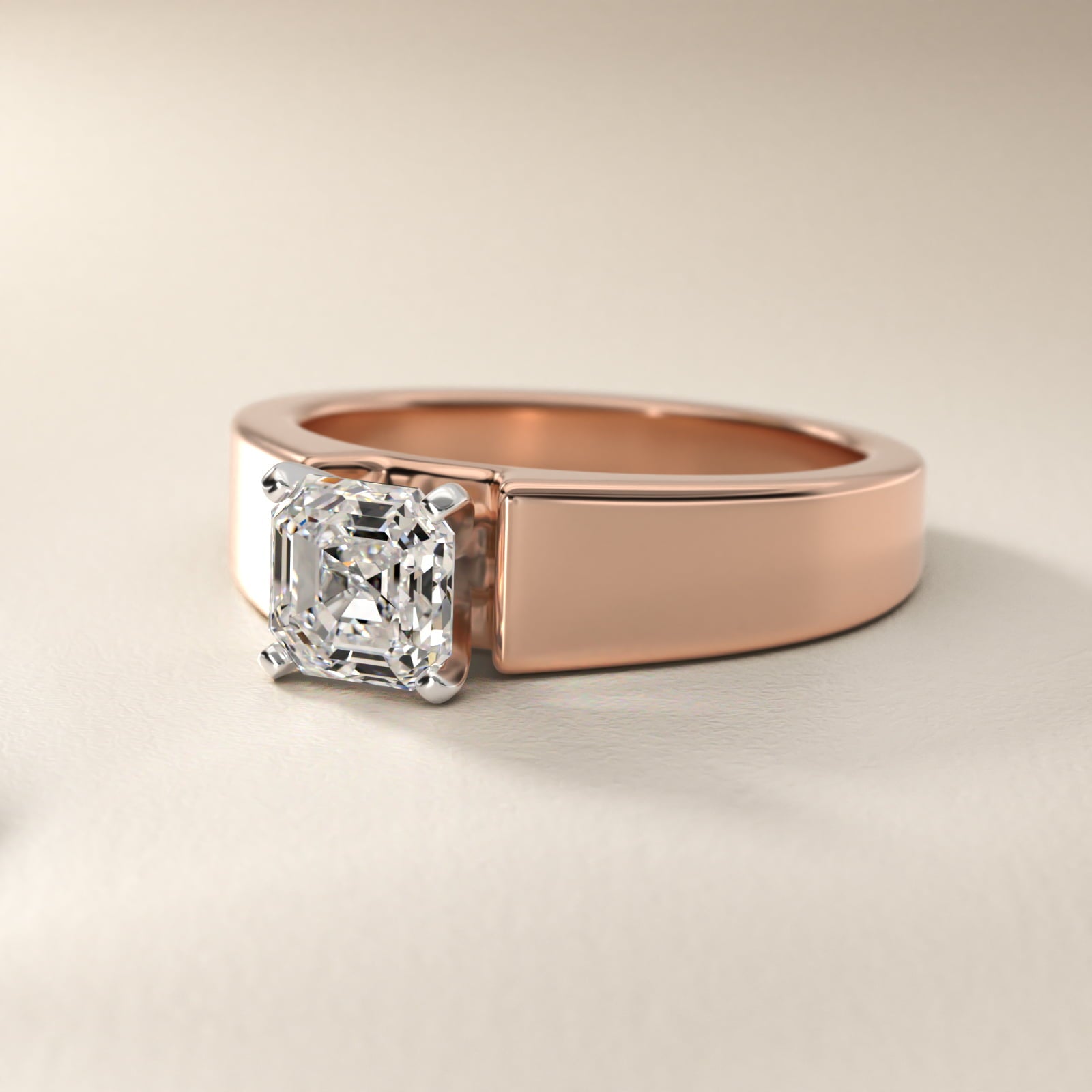 Wide Band Solitaire Engagement Ring in 14k Rose Gold (5mm) - Asscher Center