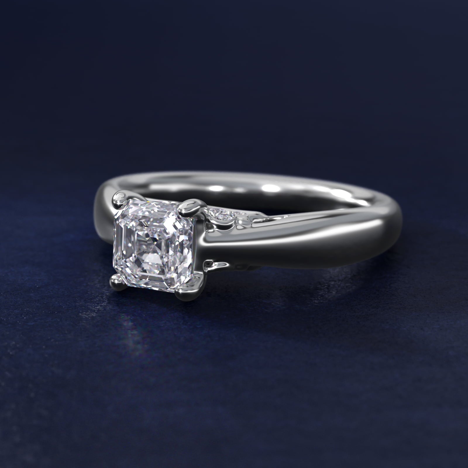 Wide Band Solitaire Plus Diamond Engagement Ring in 18k White Gold - Asscher Center