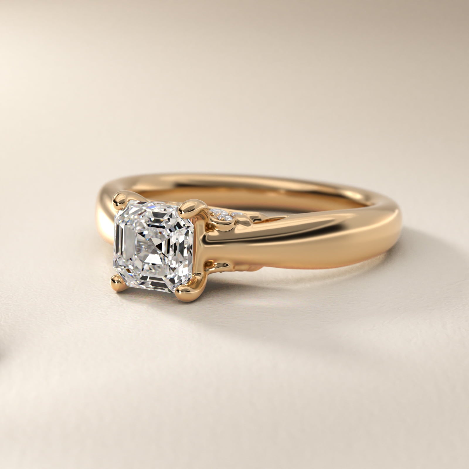 Wide Band Solitaire Plus Diamond Engagement Ring in 18k Yellow Gold - Asscher Center