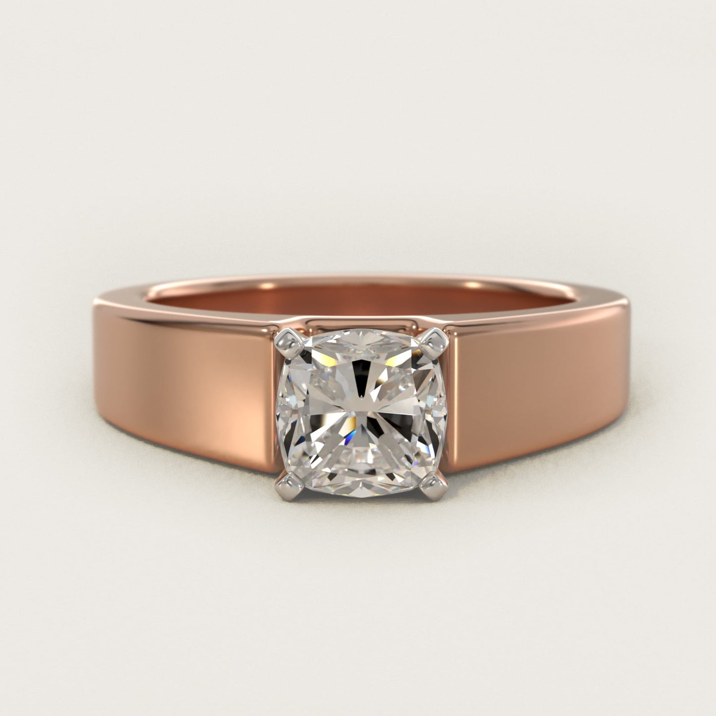 Wide Band Solitaire Engagement Ring in 14k Rose Gold (5mm) - Cushion Center