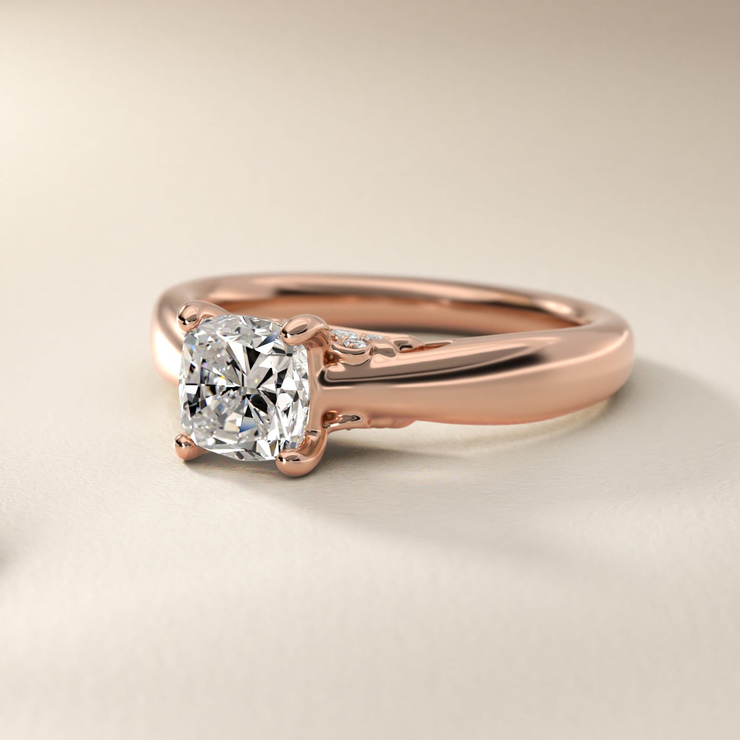 Wide Band Solitaire Plus Diamond Engagement Ring in 14k Rose Gold - Cushion Center