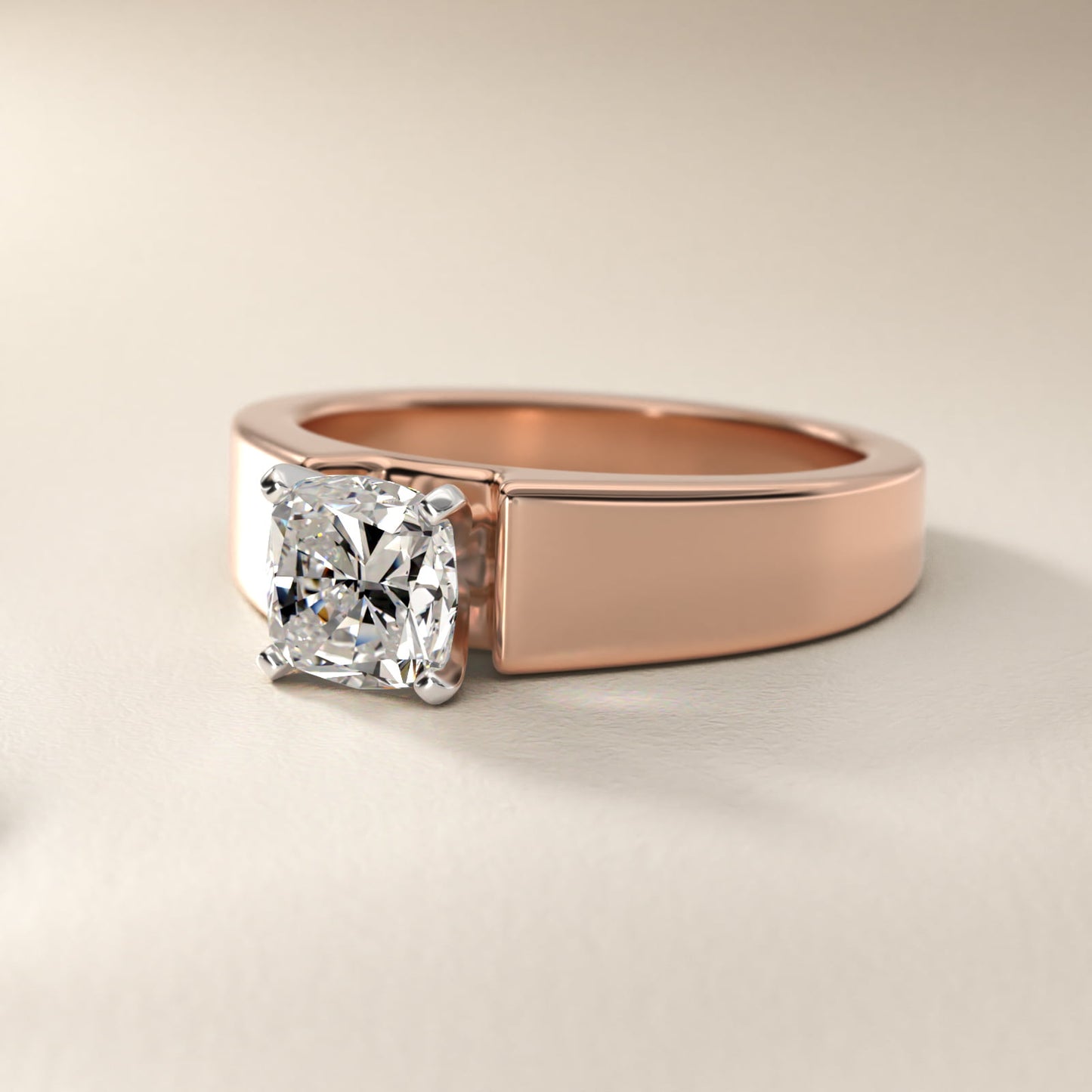 Wide Band Solitaire Engagement Ring in 14k Rose Gold (5mm) - Cushion Center