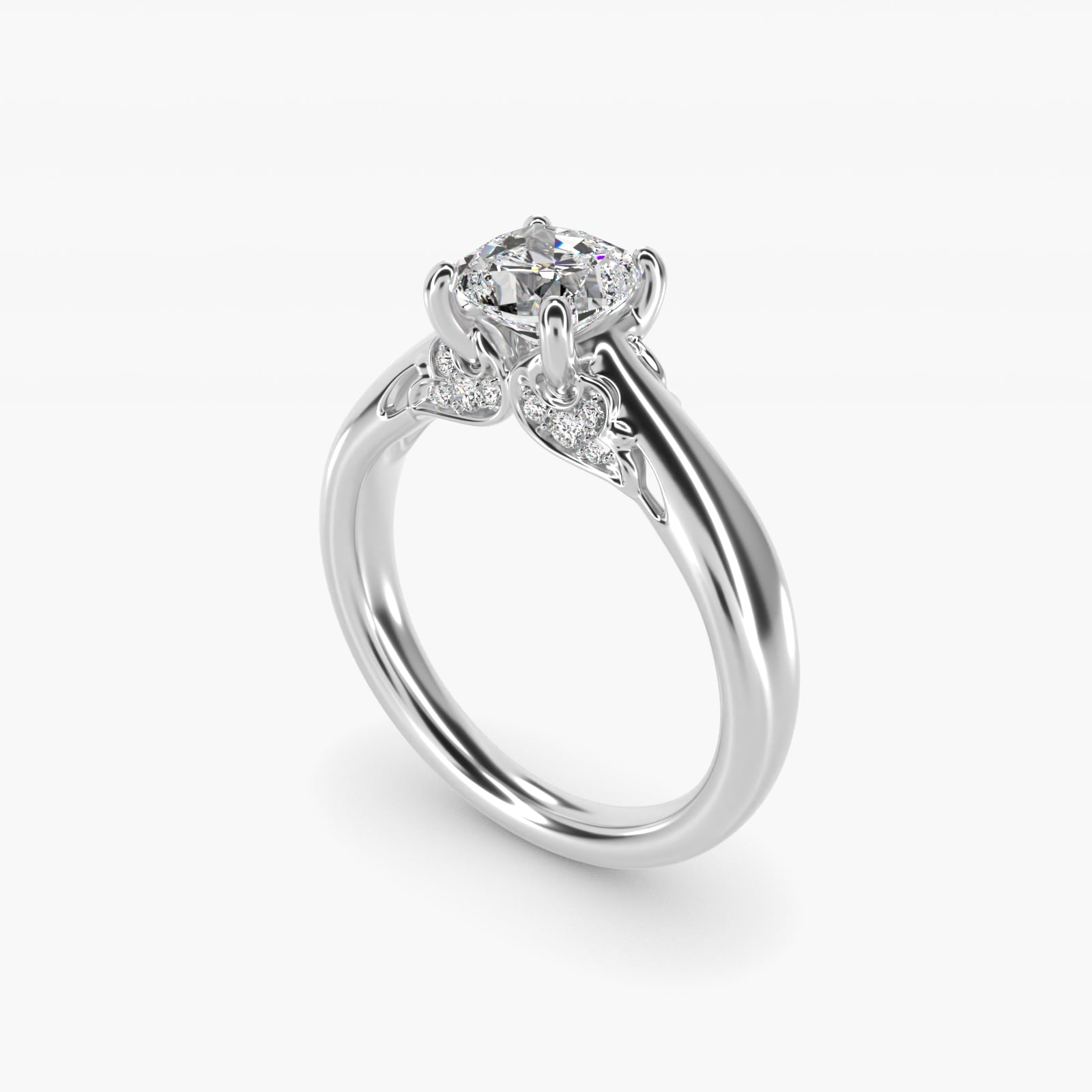 Wide Band Solitaire Plus Diamond Engagement Ring in 18k White Gold - Cushion Center