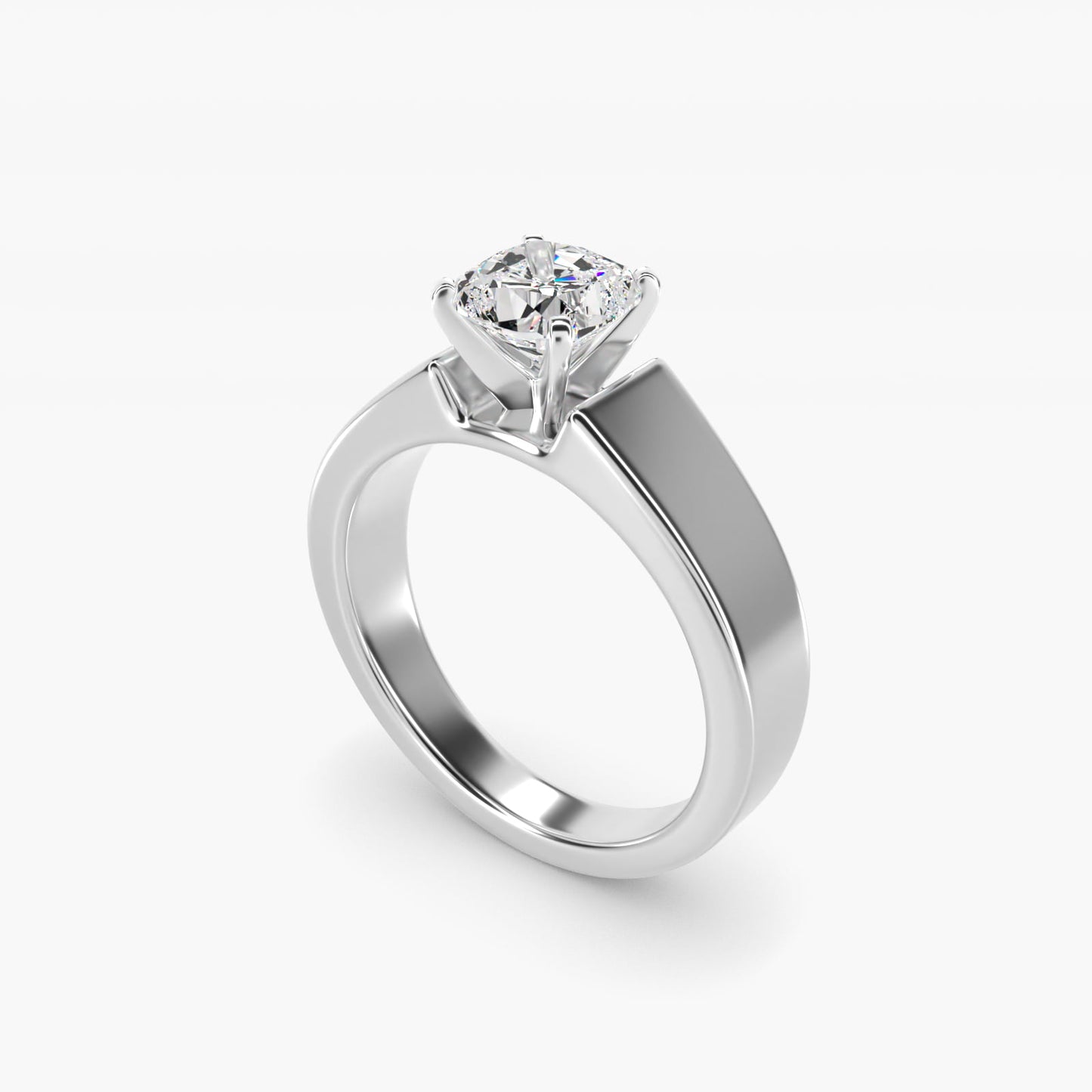 Wide Band Solitaire Engagement Ring in 14k White Gold (5mm) - Cushion Center