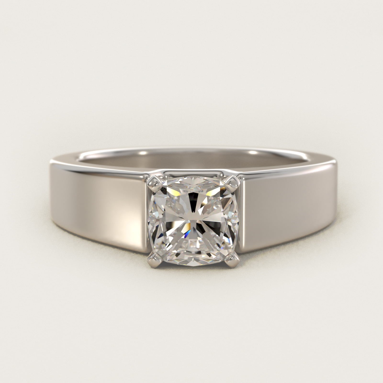 Wide Band Solitaire Engagement Ring in 14k White Gold (5mm) - Cushion Center
