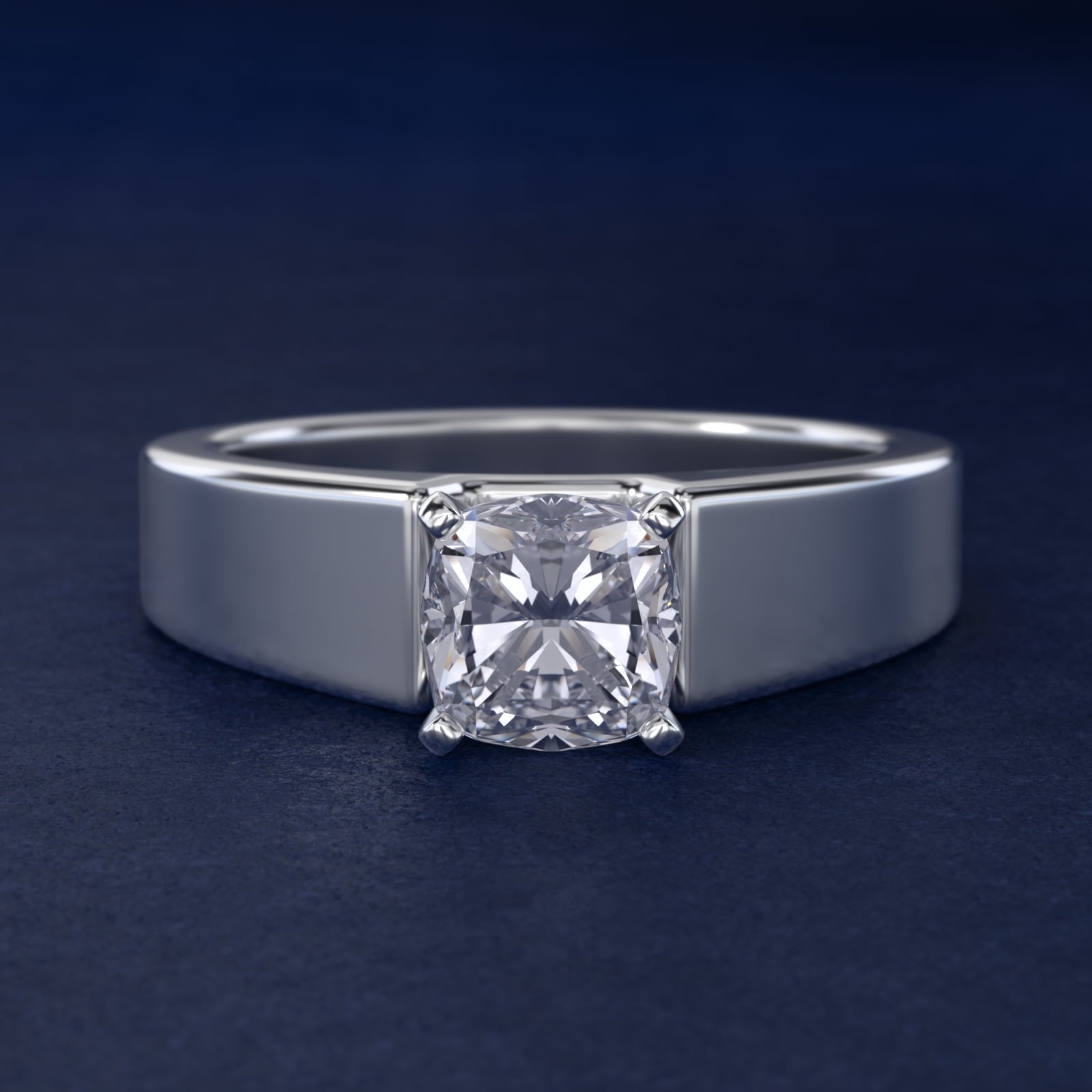 Wide Band Solitaire Engagement Ring in Platinum (5mm) - Cushion Center