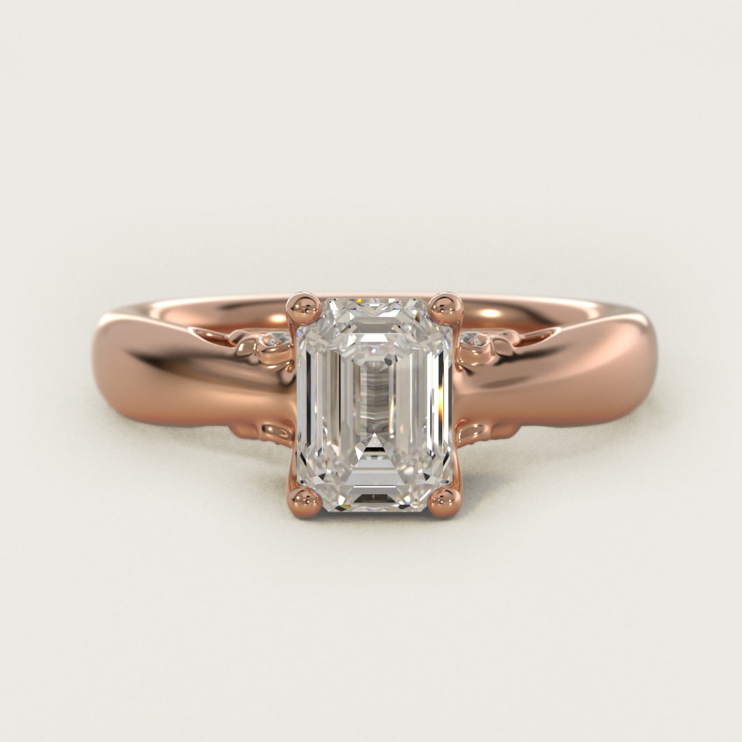 Wide Band Solitaire Plus Diamond Engagement Ring in 14k Rose Gold - Emerald Center